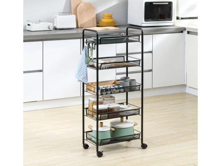 HOMCOM Servierwagen mit Haken Stahl Schwarz 45L x 26,5B x 106H cm