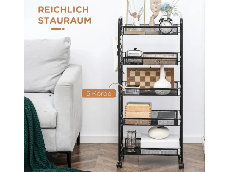 HOMCOM Servierwagen mit Haken Stahl Schwarz 45L x 26,5B x 106H cm