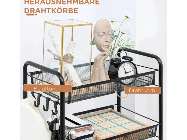 HOMCOM Servierwagen mit Haken Stahl Schwarz 45L x 26,5B x 106H cm
