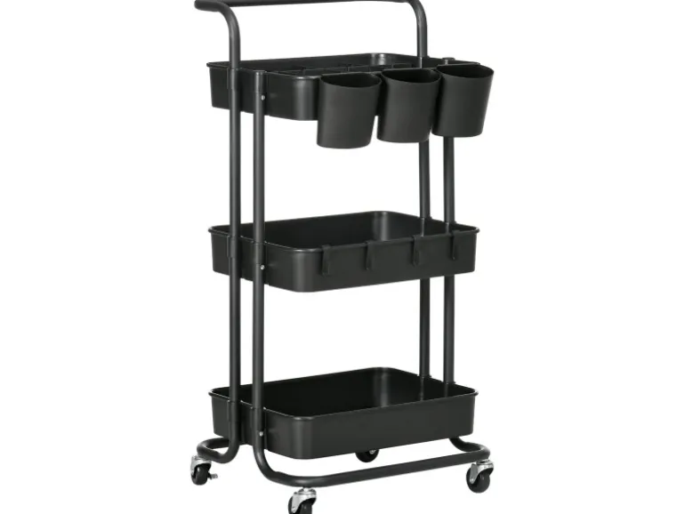 HOMCOM Servierwagen mit Haken Stahl ABS Schwarz 42L x 38B x 86,5H cm