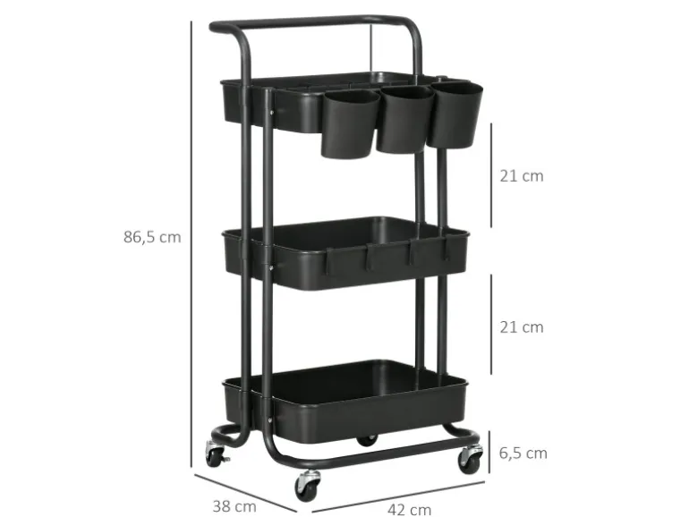 HOMCOM Servierwagen mit Haken Stahl ABS Schwarz 42L x 38B x 86,5H cm