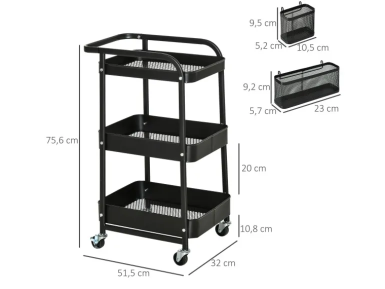HOMCOM Servierwagen Stahl Kunststoff 51,5L x 32B x 75,6H cm Schwarz
