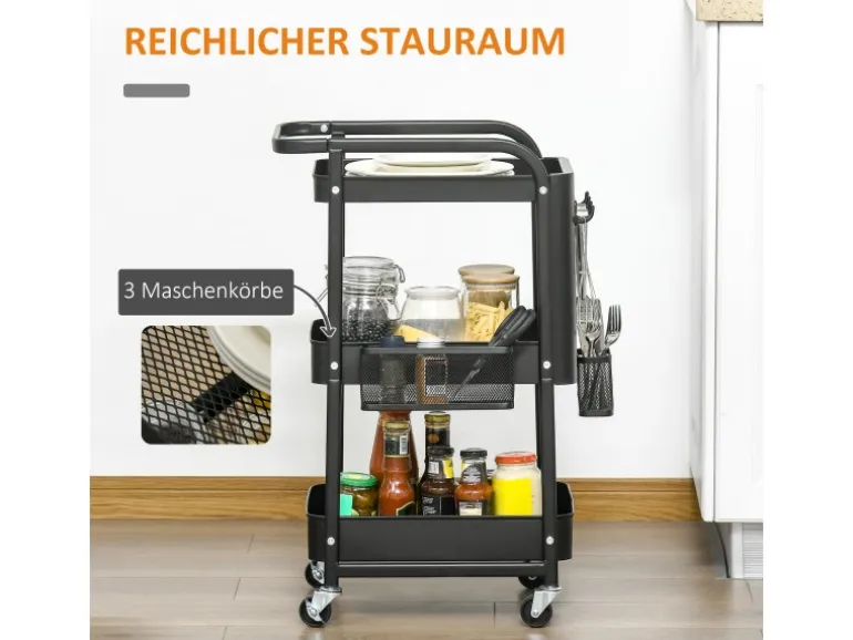 HOMCOM Servierwagen Stahl Kunststoff 51,5L x 32B x 75,6H cm Schwarz