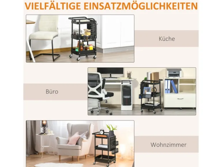 HOMCOM Servierwagen Stahl Kunststoff 51,5L x 32B x 75,6H cm Schwarz