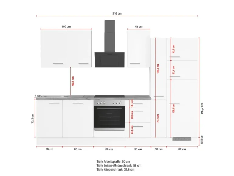 Impuls Küchen Küchenzeile IKZ1310X8 310 cm Beton-Optik natur mit E-Geräten