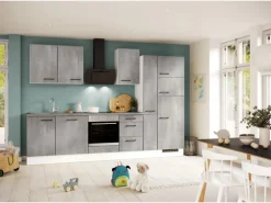 Impuls Küchen Küchenzeile IKZ1310X8 310 cm Beton-Optik natur mit E-Geräten