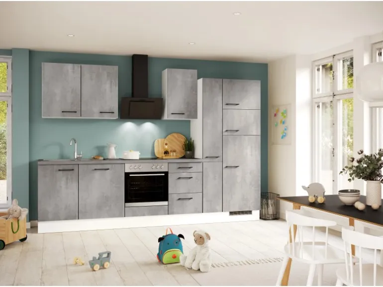 Impuls Küchen Küchenzeile IKZ1310X8 310 cm Beton-Optik natur mit E-Geräten