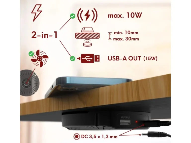 kalb DualCharge 10W Drahtlos Ladegerät Mit 15W USB Ausgang Unterbau Bis 30 mm Unsichtbar Induktionsladegerät Mit Lüfter Netzteil 1200 mm Kabel