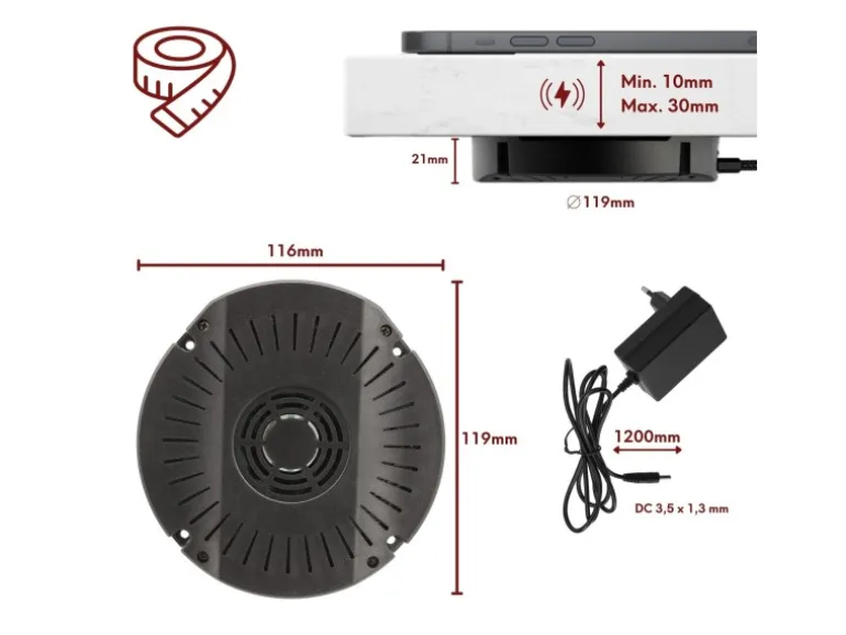 kalb DualCharge 10W Drahtlos Ladegerät Mit 15W USB Ausgang Unterbau Bis 30 mm Unsichtbar Induktionsladegerät Mit Lüfter Netzteil 1200 mm Kabel