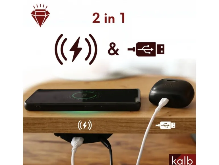 kalb DualCharge 10W Drahtlos Ladegerät Mit 15W USB Ausgang Unterbau Bis 30 mm Unsichtbar Induktionsladegerät Mit Lüfter Netzteil 1200 mm Kabel