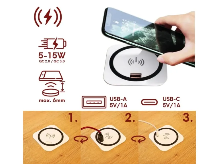 kalb Einbau Schnellladegerät 15W 7,5cm Druchmesser Kabelloses Laden 2x USB-Ports Induktionsladegerät Weiß