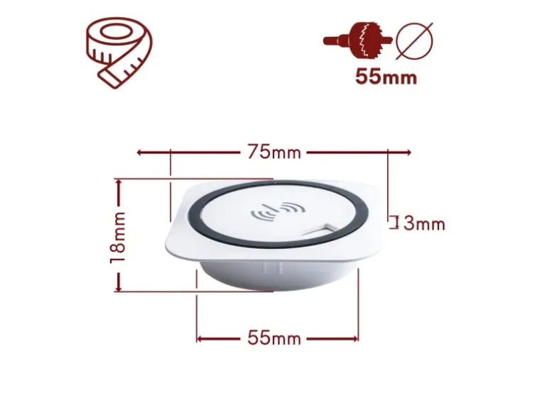 kalb Einbau Schnellladegerät 15W 7,5cm Druchmesser Kabelloses Laden 2x USB-Ports Induktionsladegerät Weiß