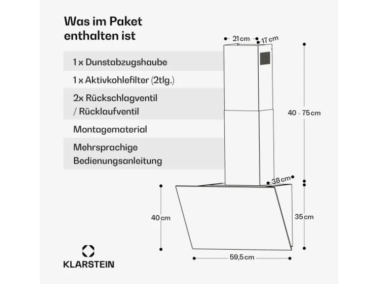 Klarstein FlashLine Dunstabzugshaube A++ 524m³/h 3 Stufen Touch LED Abluft/Umluft 100W Weiß