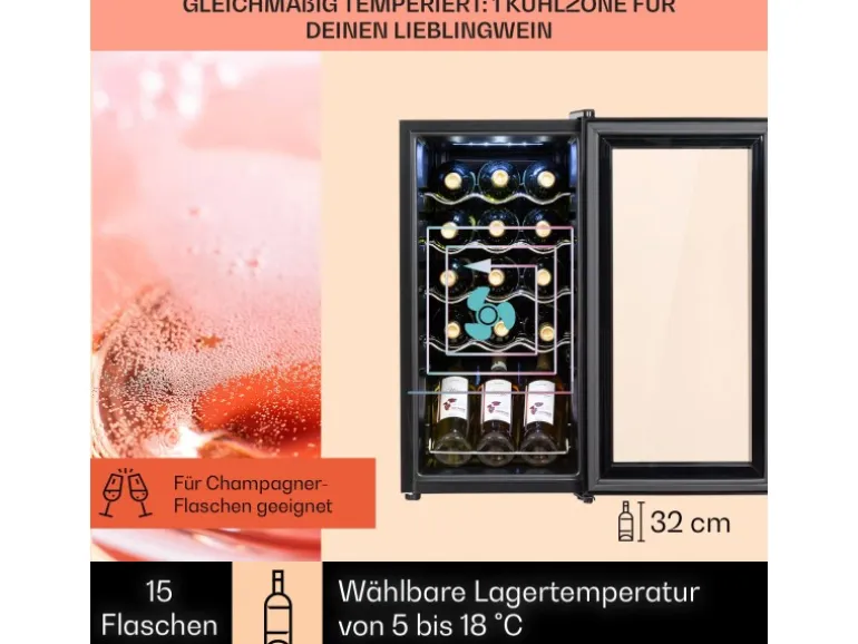 Klarstein Shiraz 15 Slim Uno Weinkühlschrank 44 L Touch-Bedienfeld 5-18°C