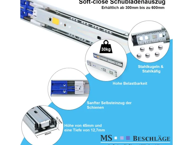 MS Beschläge Schubladenauszug 1 Paar SoftClose 400 mm 30 KG Schiene