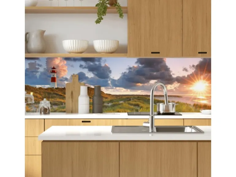 MySpotti Küchenrückwand Profix Cucina Leuchtturmpanorama 210 x 60 cm Abendsonne