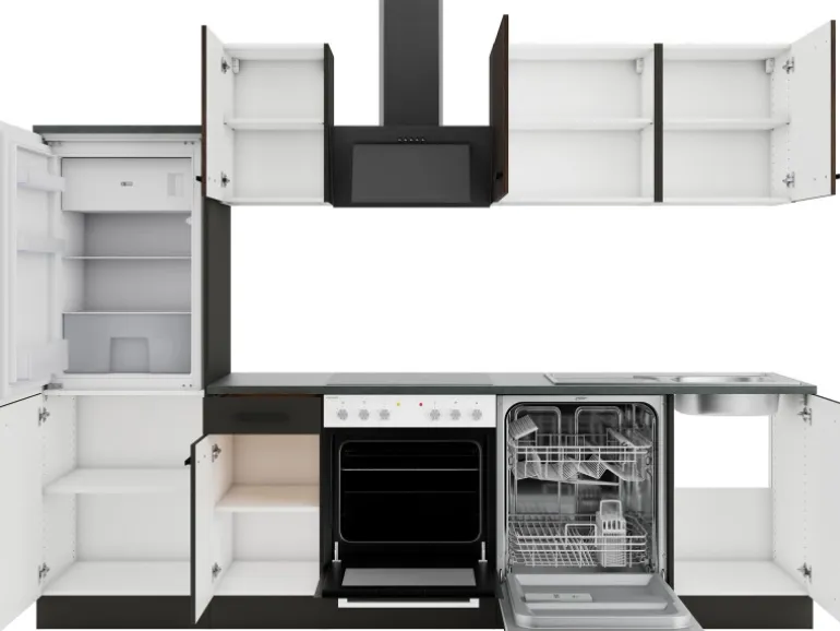 OPTIFIT Rimini409/Madrid420 Küchenzeile 270 cm Rillendekor Nussbaum/ Anthrazit