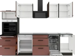 OPTIFIT Rimini409/Nizza407 Küchenzeile 270 cm Rilllendekor Nussbaum / Rostrot