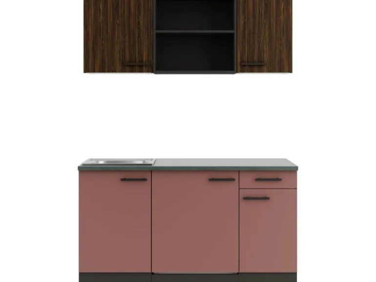 OPTIFIT Rimini409/Nizza407 Miniküche 150 cm Rilllendekor Nussbaum / Rostrot