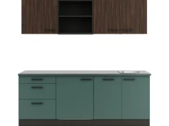 OPTIFIT Rimini409/Verona405 Küchenzeile 210 cm Rillendekor Nussbaum / Steingrün