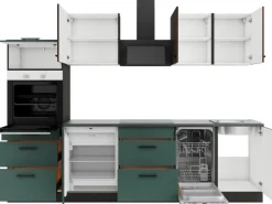 OPTIFIT Rimini409/Verona405 Küchenzeile 270 cm Rillendekor Nussbaum / Steingrün