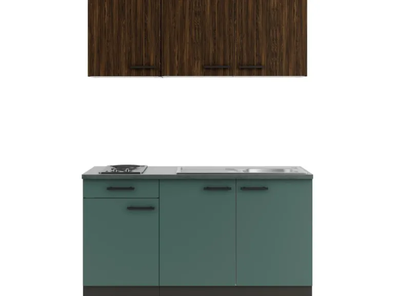 OPTIFIT Rimini409/Verona405 Miniküche 150 cm Rillendekor Nussbaum / Steingrün