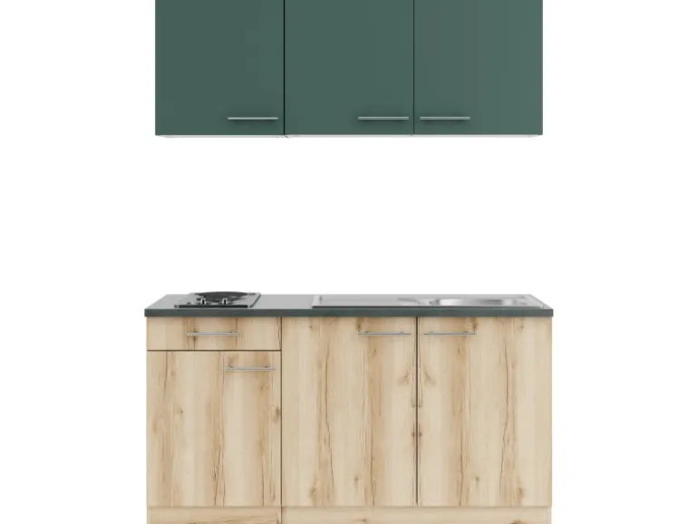OPTIFIT Savona405/Livorno290 Miniküche 150 cm Steingrün / Wildeiche Nachbildung