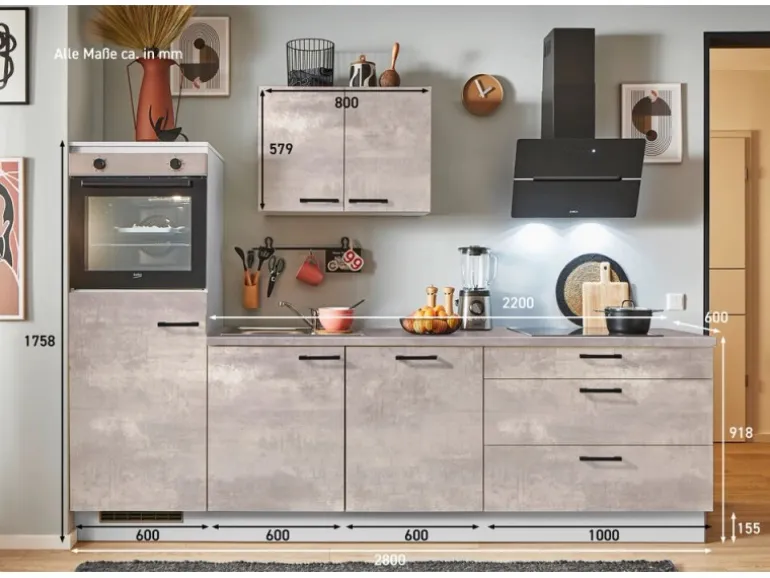pino Küchenzeile 280 cm Beton Perlgrau Anschlag links 1 Geräteschrank