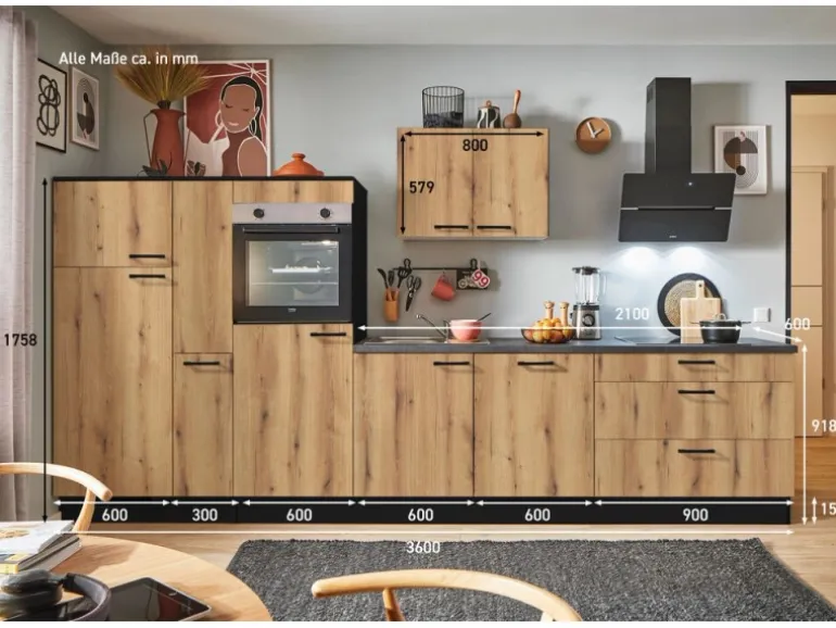 pino Küchenzeile 360 cm Evoke Eiche Anschlag links 1 Geräte-, 1 Apothekerschrank