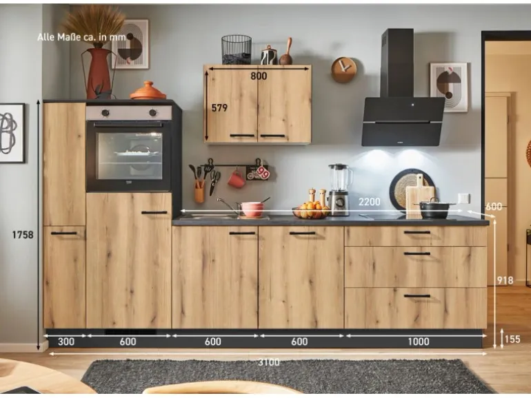 pino Küchenzeile 310 cm Evoke Eiche Anschlag links 1 Geräte-, 1 Apothekerschrank