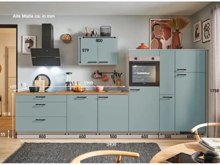 pino Küchenzeile 340 cm Fjordgrün Anschlag rechts 1 Geräte-, 1 Apothekerschrank