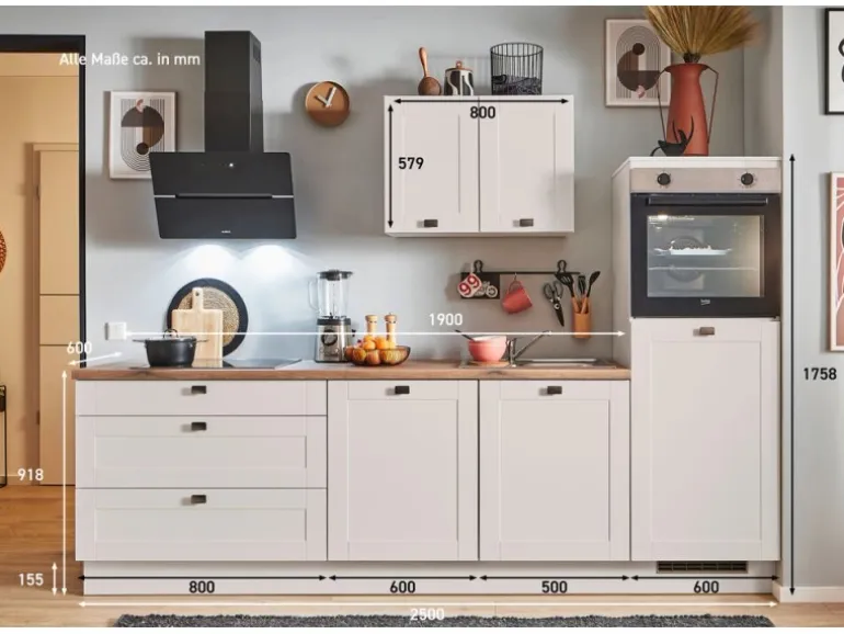 pino Küchenzeile 250 cm Kaschmirgrau Matt Anschlag rechts 1 Geräteschrank