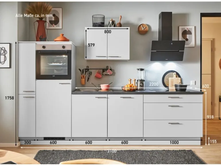 pino Küchenzeile 310 cm Lichtgrau Anschlag links 1 Geräte-. 1 Seitenschrank