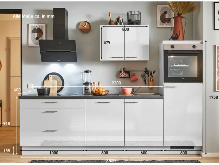 pino Küchenzeile 280 cm Lichtgrau Hochglanz Anschlag rechts 1 Geräteschrank