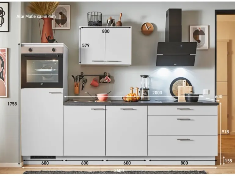 pino Küchenzeile 260 cm Lichtgrau Anschlag links 1 Geräteschrank