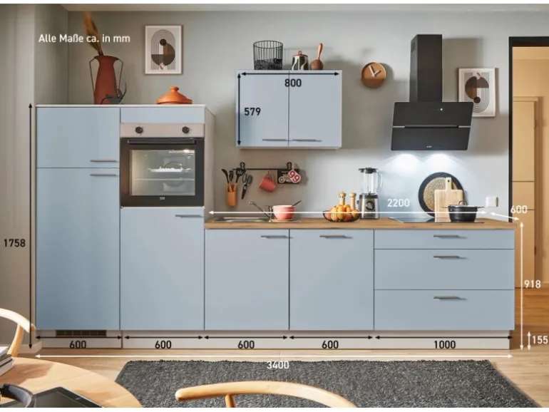 pino Küchenzeile 340 cm Pastellblau Anschlag links 2 Geräteschränke