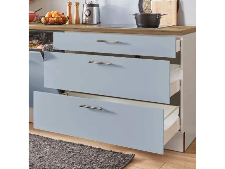 pino Küchenzeile 340 cm Pastellblau Anschlag links 2 Geräteschränke