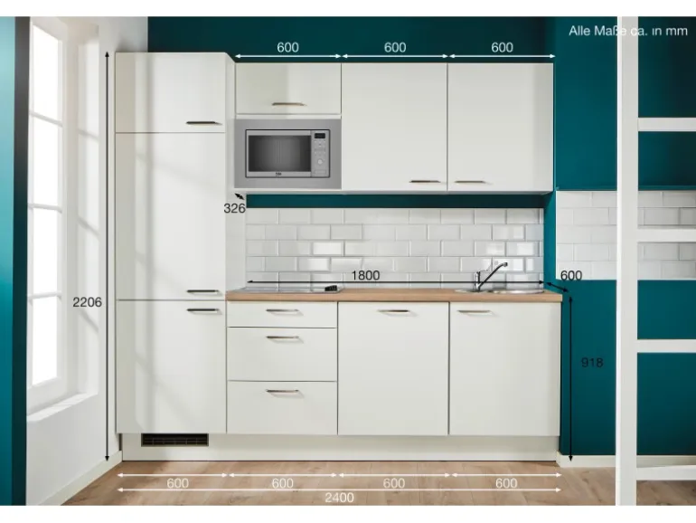 pino Küchenzeile 240 cm Weiß Anschlag links 1 Geräteschrank