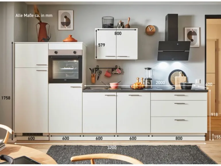 pino Küchenzeile 320 cm Weiß Anschlag links 2 Geräteschränke