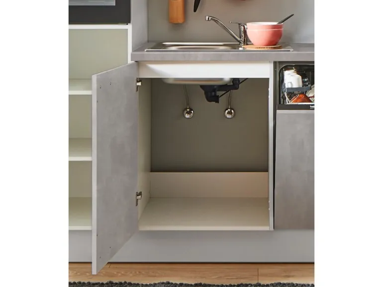 pino Küchenzeile 310cm Beton Perlgrau Anschlag L 1 Geräte-, 1 Apothekerschrank