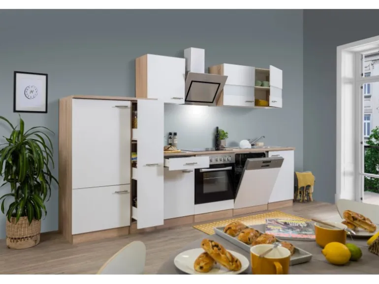 Respekta Economy Küchenzeile KB310ESWSC 310 cm Weiß-Eiche Sägerau