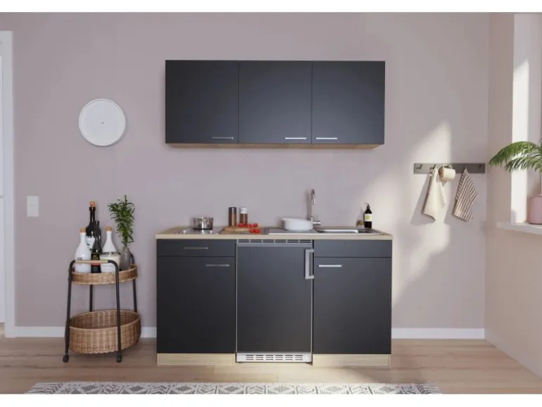 Respekta Economy Küchenzeile KB150ESSC 150 cm Schwarz-Eiche Sägerau