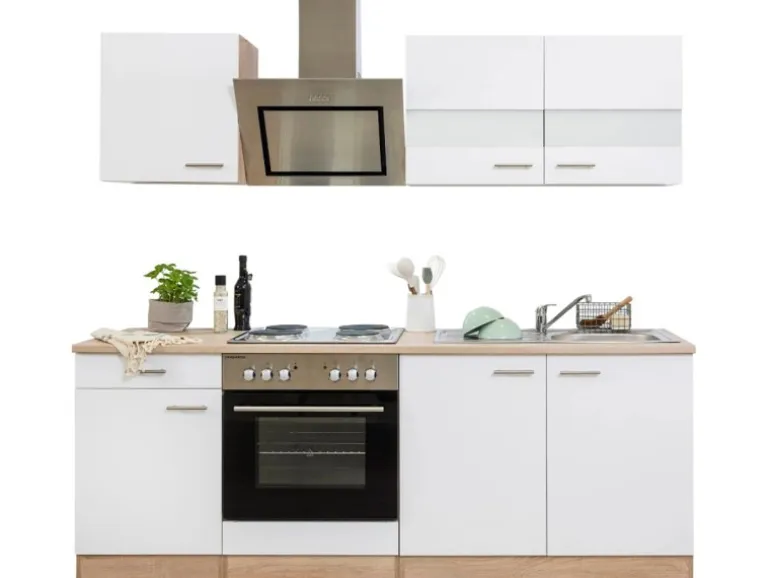Respekta Economy Küchenzeile KB210ESWS 210 cm Weiß-Eiche Sägerau