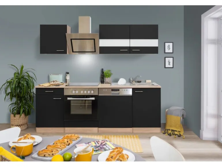 Respekta Economy Küchenzeile KB220ESSSC 220 cm Schwarz-Eiche Sägerau Glänzend
