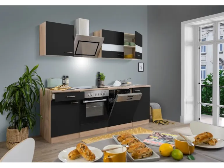 Respekta Economy Küchenzeile KB220ESSSC 220 cm Schwarz-Eiche Sägerau Glänzend