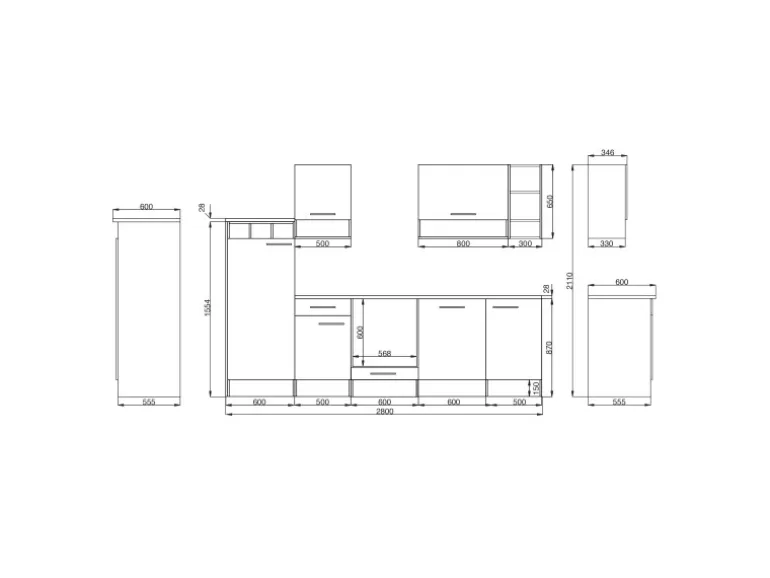 Respekta Küchenzeile 280 cm Grau-Wildeiche Nachbildung