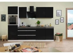 Respekta Küchenzeile GLRP280HWS 280 cm Schwarz Hochglanz Granit-Optik Grifflos