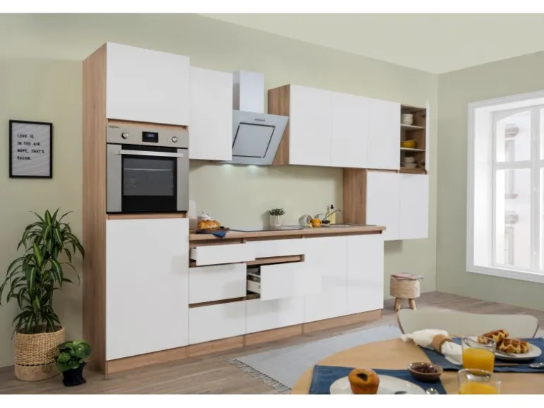 Respekta Küchenzeile GLRP370HESWM Grifflos 370 cm Weiß matt-Sonoma Eiche