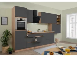 Respekta Küchenzeile GLRP370HESG Grifflos 370 cm Grau Hochglanz-Sonoma Eiche