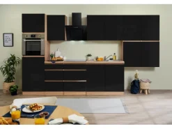 Respekta Küchenzeile GLRP370HESS Grifflos 370 cm Schwarz Hochglanz-Sonoma Eiche